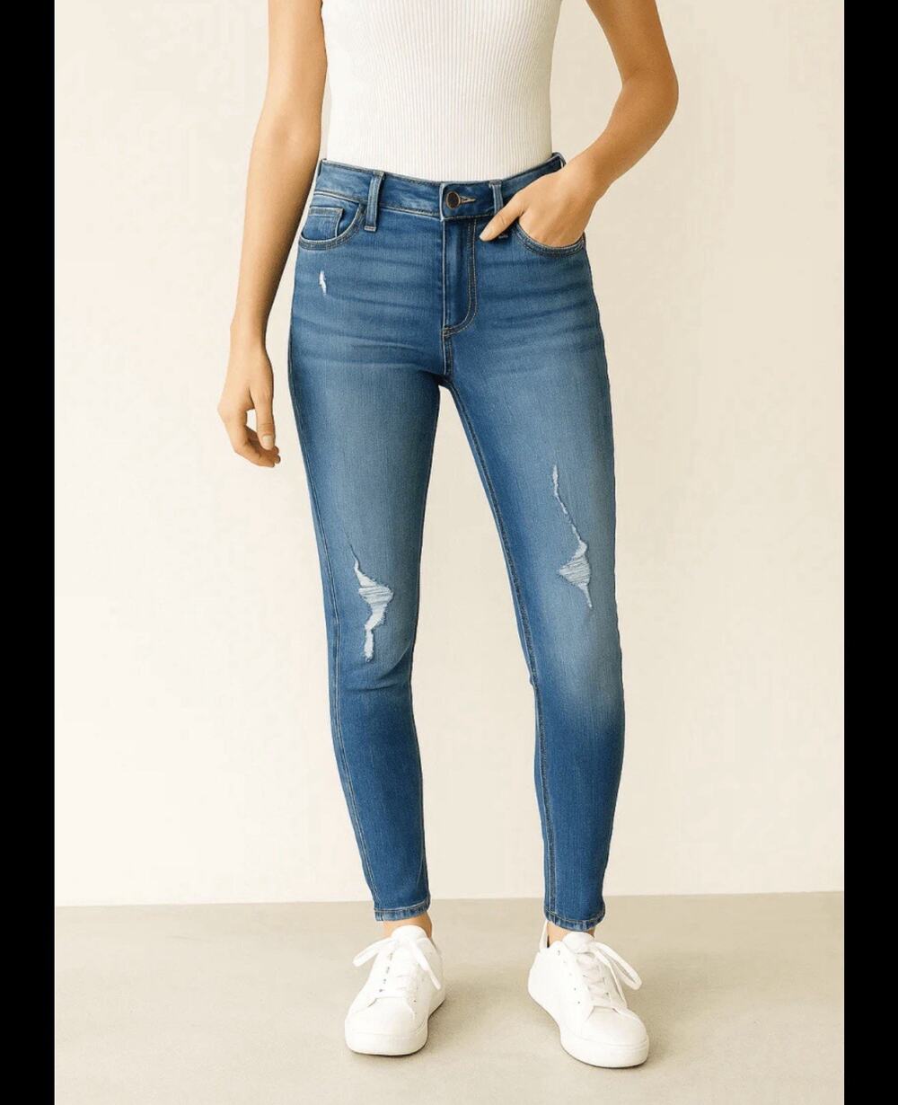 Hollister Jeans Blue Denim Ankle Distressed Mid Rise Super Skinny 90 Y2K Stretch